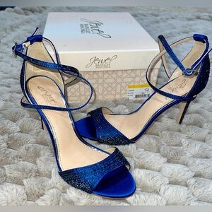 Badgley Mischka Jewel Blue Rhinestone Heels Size 7.5 Strappy Satin Stiletto